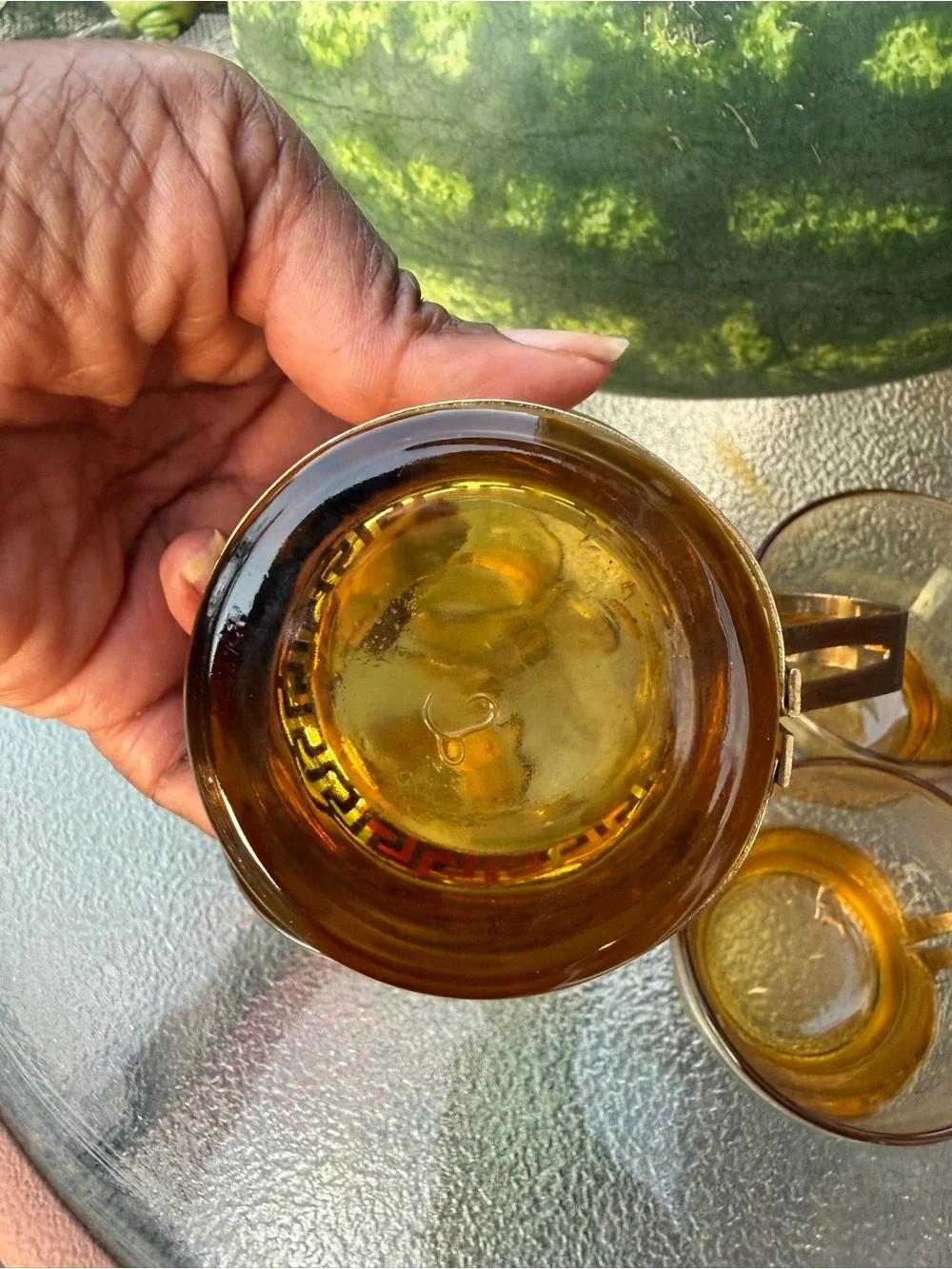 Amber Glass Tea Cups with Gold-Tone Filigree Holders - Set of 5